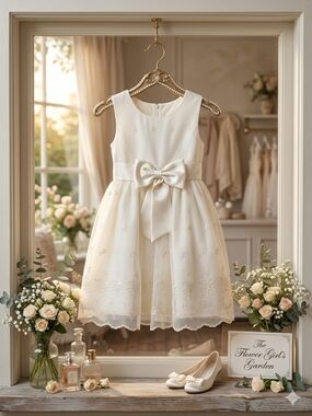 Purple Rose Ivory Scalloped Hem Girl's Dress w/Embroidered floral & Bow,S6,NWT